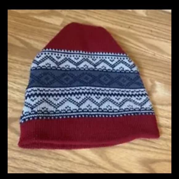 Vintage Beanie Pure Wool Hat Ski Knit Cap Maroon Gray Blue Geometric Winter - Picture 2 of 8